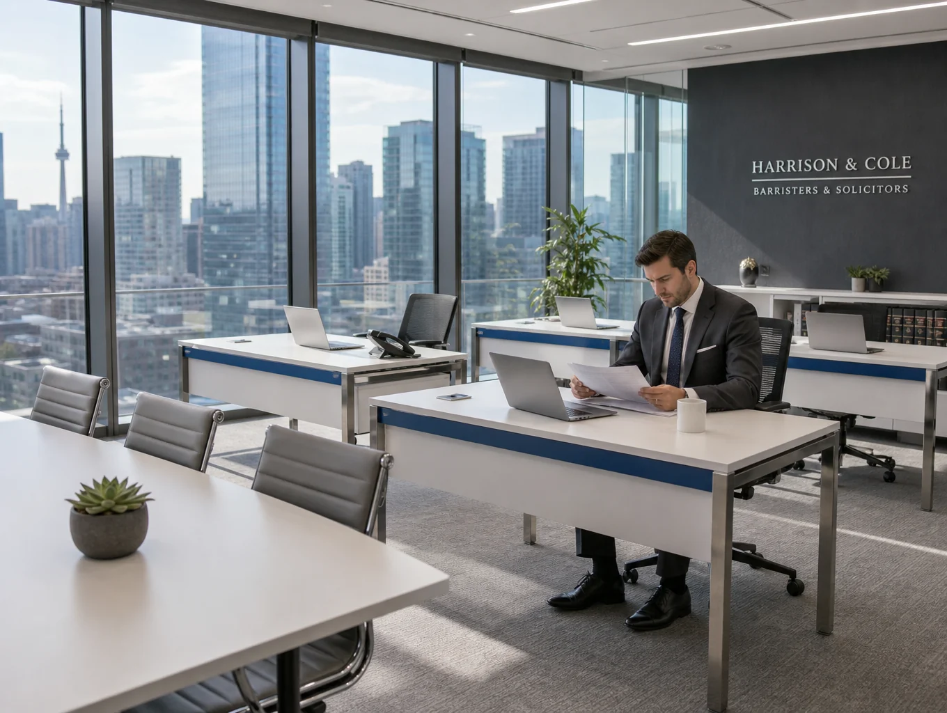 Modern office interior in Panama City with legal documents and city skyline view